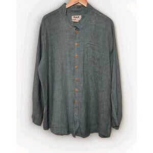 FLAX 100% Linen Lagenlook Button Front Collared Sz Large Moss Green Boho Artsy